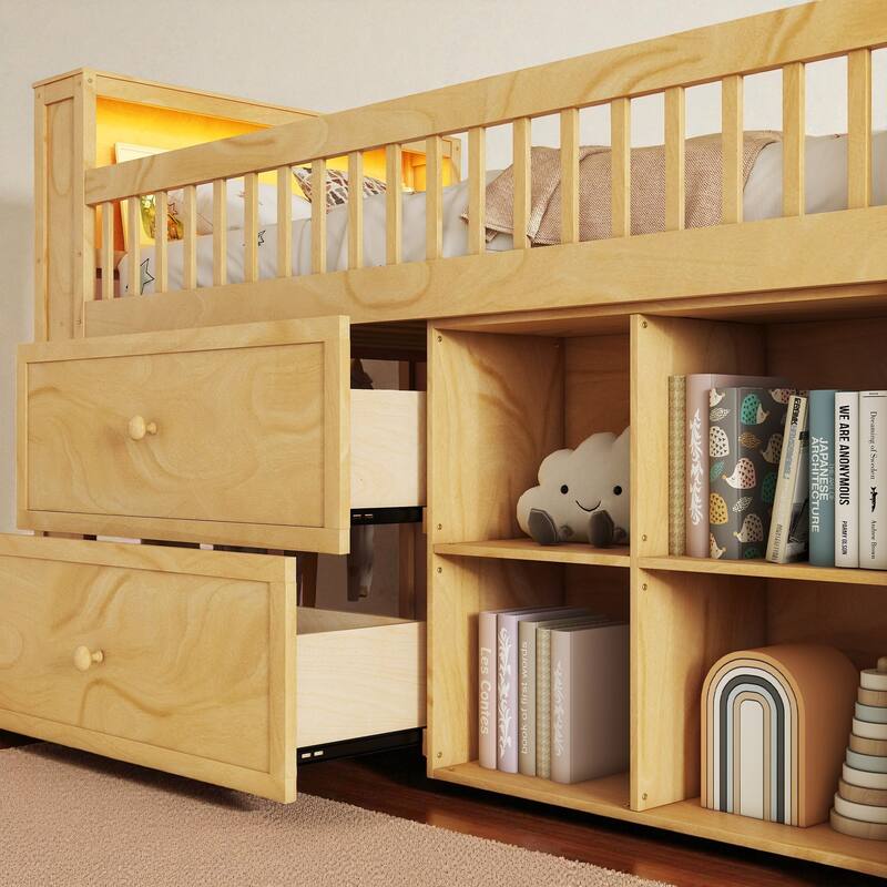 Twin Size Wood Loft Bed with LED Light, Bookshelf, Drawers, and Stair Storage for Kids Bedroom