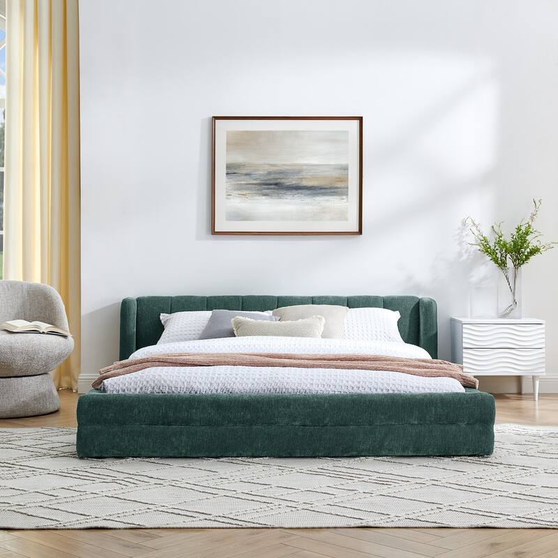 Queen Size Upholstered Platform Bed with Thick Chenille Fabric, Solid Frame & Headboard,Blue+Green