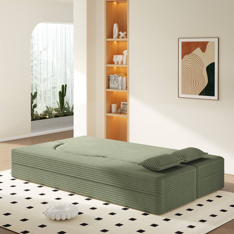 Convertible Floor Sofa with Corduroy Fabric, Twin Mattress & No Assembly