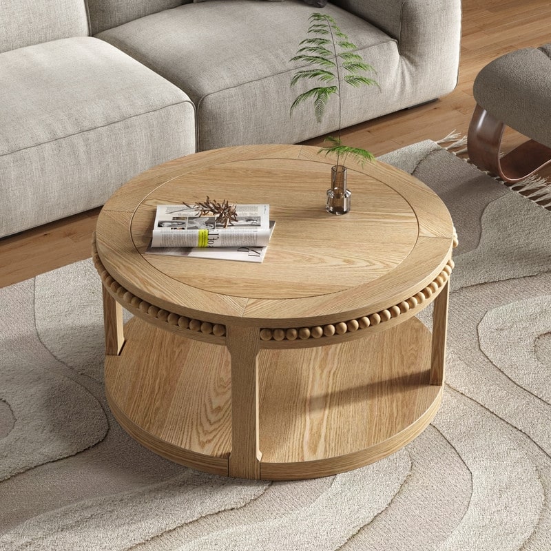 Round Solid Wood Coffee Table, Two-Tier Design with Sturdy Construction for Living Room Elegance