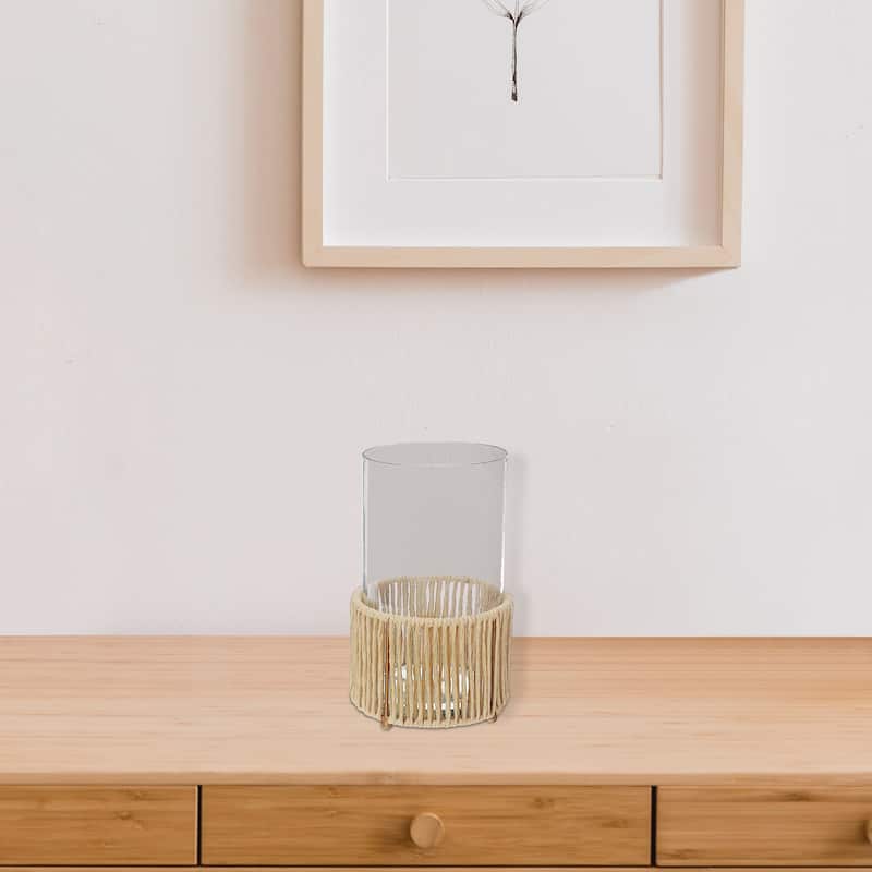 Glass Candle Holder Hurrican With Metal & Raffia Base 10"