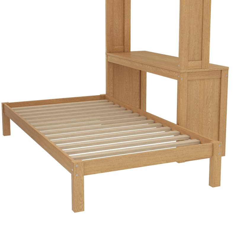 Convertible Queen Loft Bed with Desk, Wardrobe, and Shelves, Solid Wood Frame, Natural Finish