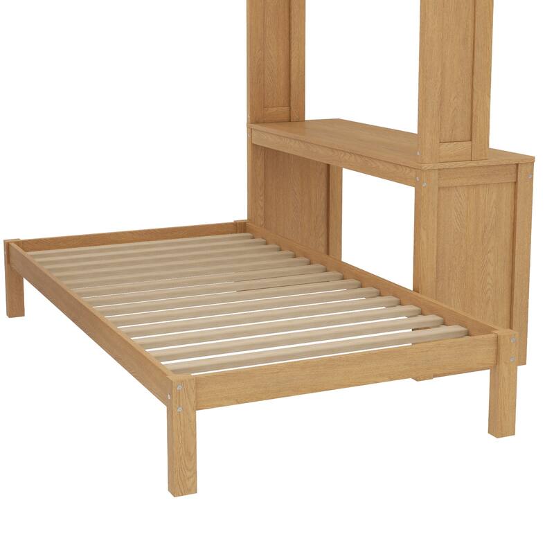 Queen Size Loft Bed & Twin Size Platform Bed Set, Wood Bunk Bed with Built-in Desk, Open Shelves and Wardrobe, Queen Over Twin
