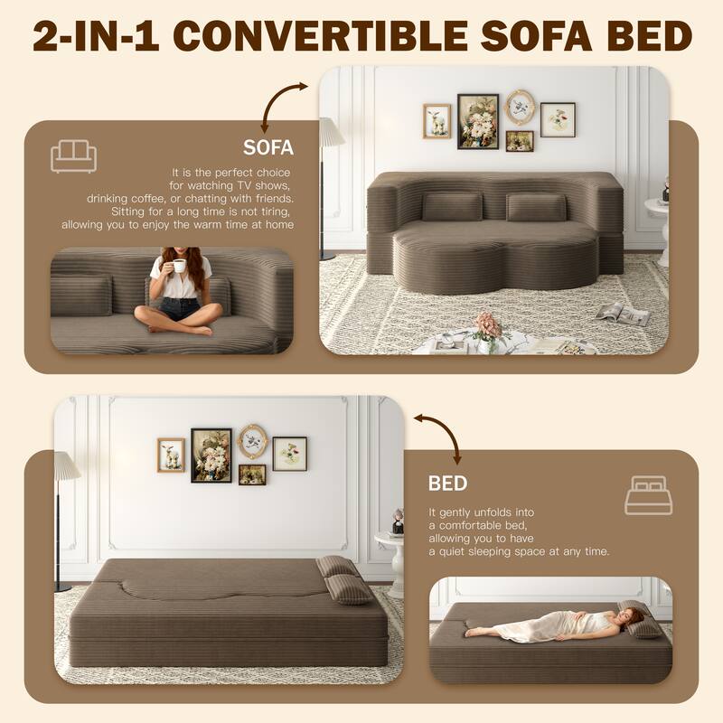 Convertible Floor Sofa with Corduroy Fabric, Twin Mattress & No Assembly