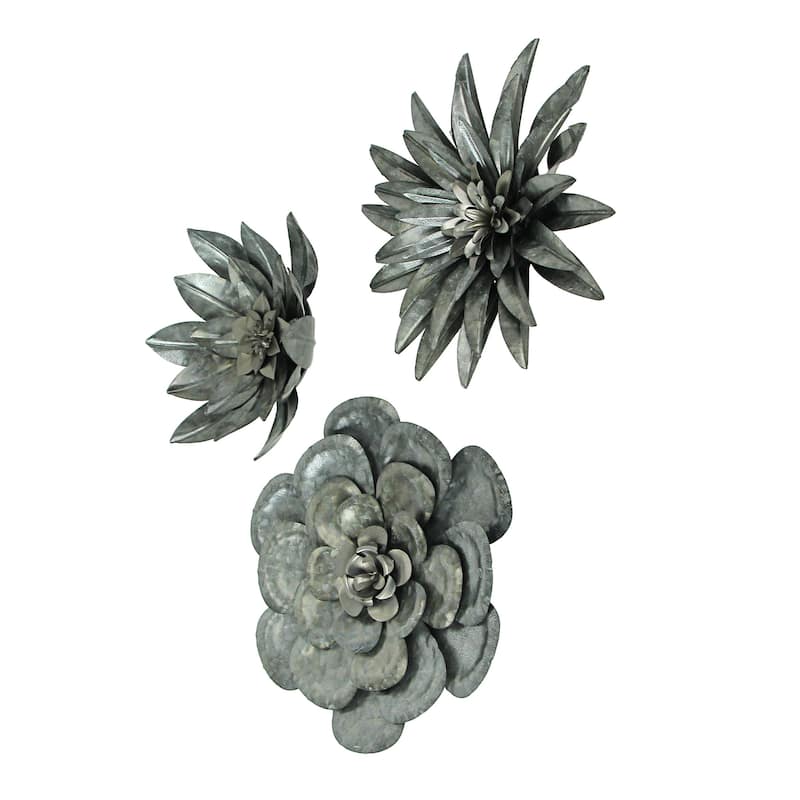 Zeckos Galvanized Metal Flower Sculptures Wall Hangings (Set Of 3)