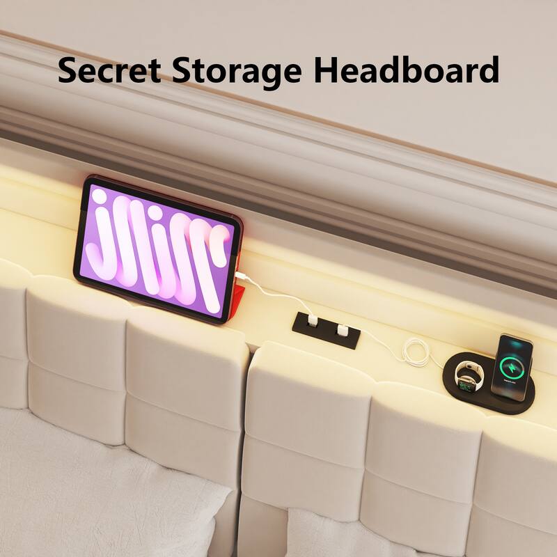 King Size Floating Bed Frame with LED Lighting, USB Ports, & Storage Headboard, No Box Spring Needed