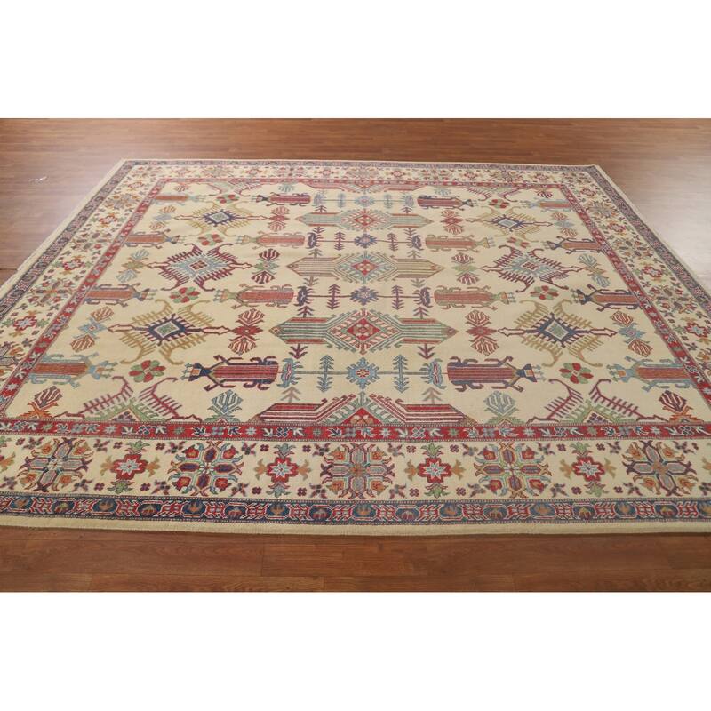 Geometric Beige Kazak Oriental Area Rug Hand-Knotted Wool Carpet - 8'2"x 9'9"
