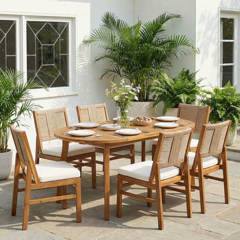 Christopher Knight Home - Arly Outdoor Acacia Wood Dining Set with Woven Wicker Chairs & 70" Oval Dining Table - Cream+Dark Brown+Teak Finish