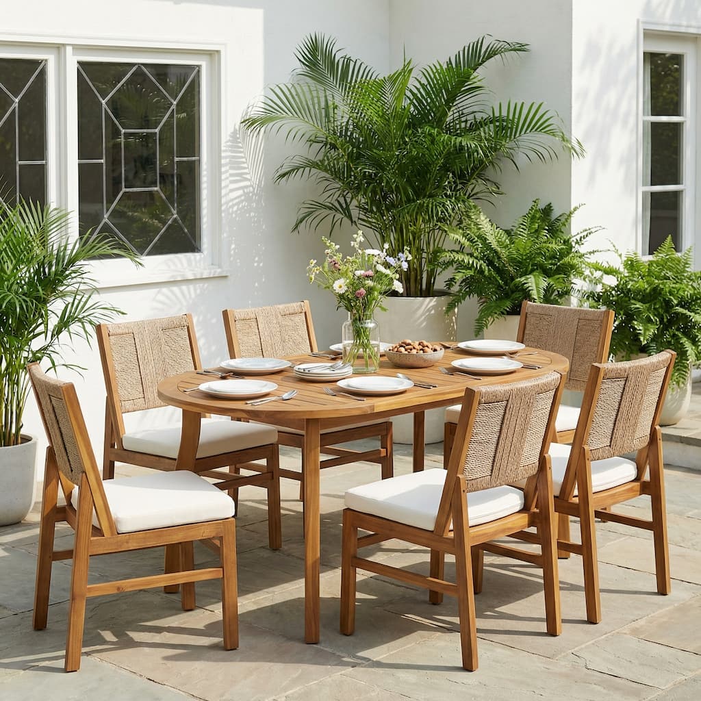 Christopher Knight Home - Arly Outdoor Acacia Wood Dining Set with Woven Wicker Chairs & 70" Oval Dining Table