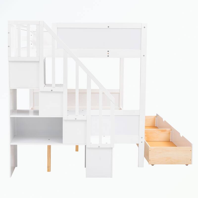 Twin over Full Bunk Bed with Shelfs, Storage Staircase and 2 Drawers