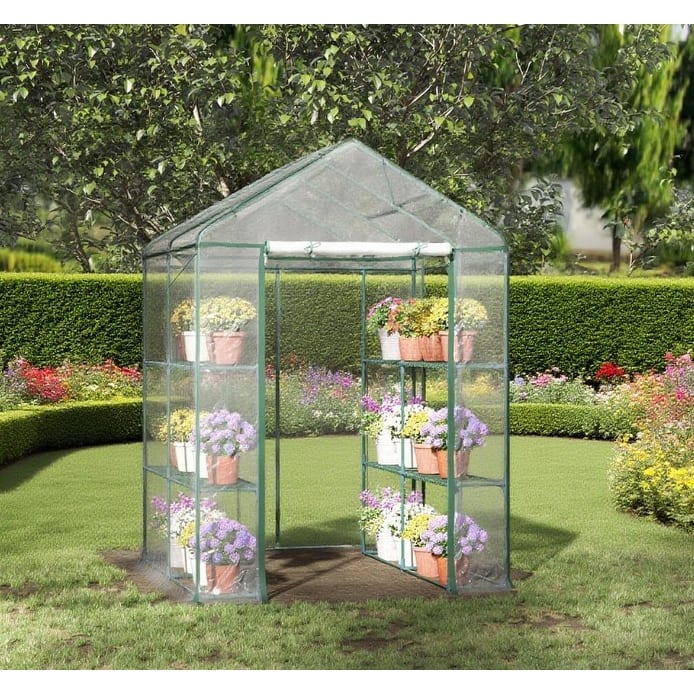 GDFStudio - Outdoor Portable Walk-In Greenhouse Kit with 4-Tier Shelving & Steel Frame - Clear - 4.7'×4.7'