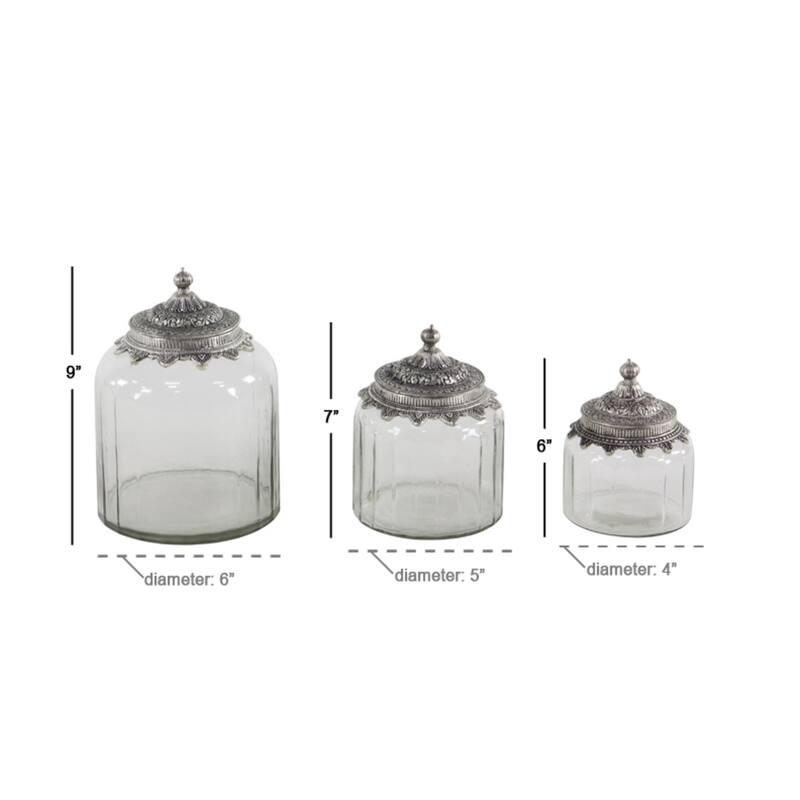 Glass Decorative Jars with Engraved Silver Lids - Set of 3 Clear - Roche River Decor - 7"W x 7"L x 9"H