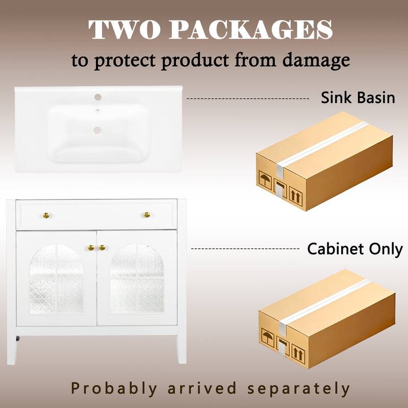 Modern Single Sink Bathroom Vanity Cabinet with Motion-sensor Light Strip & Patterned Glass, Ceramic Integrated Basin