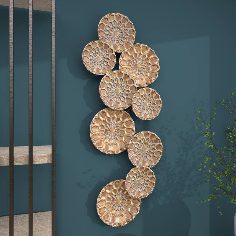 Gold Metal Embossed Floral Plate Home Wall Decor with Teal Accents