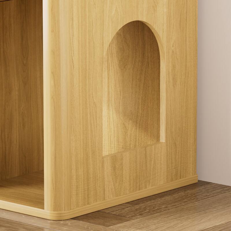 31.5" Walnut Cat Litter Cabinet with Cat Tree, Grooved Concealed Litter Furniture Featuring Dual Cat Doors and Storage Shelves