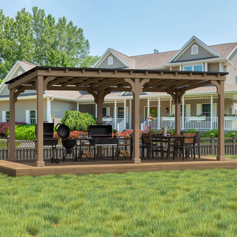 VEIKOUS Wood BBQ Grill Gazebo with Steel Roof for Patio Garden Backyard and Lawn