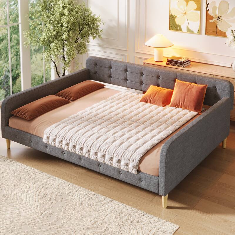 Roomfitters Queen Size Upholstered Daybed, Mid-Century Modern Sofa Bed Frame with Backrest and Tapered Wood Legs