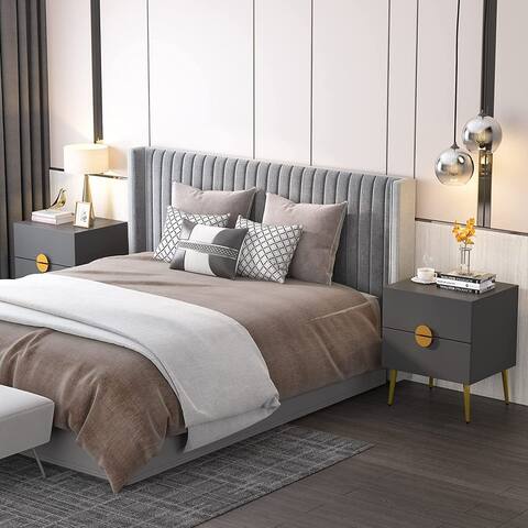 Dark Grey Wood Modern Nightstand with 2 Drawers, White/ Gold Mid-century Contemporary Bedside Table with Storage