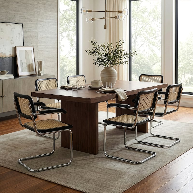 Set of 2 Barnard Black Wooden Dining Chair with Rattan Back and Chrome Legs