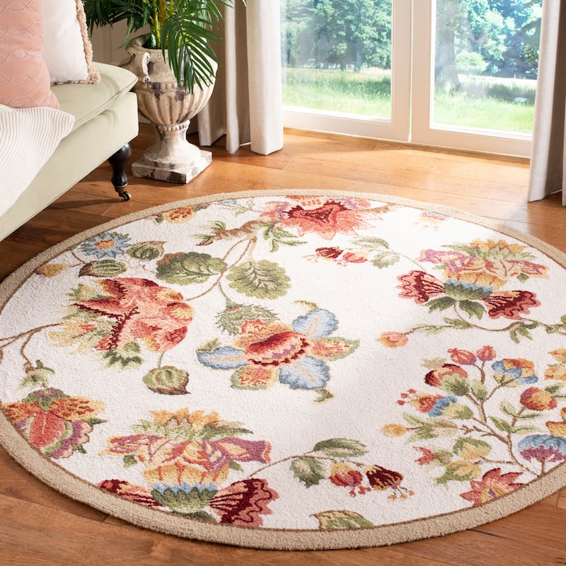 SAFAVIEH, Handmade Chelsea Jurendine French Country Floral Wool Rug - 8' Round - Ivory