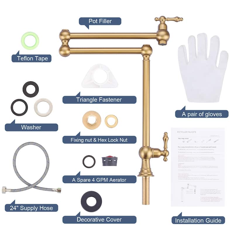 WOWOW 2-Handle Deck Mount Pot Filler Kitchen Faucet with Dual Swing Joints Design