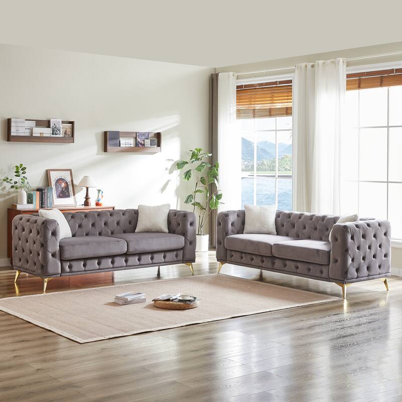 Velvet Chesterfield Sofa Set w/ Deep Seat & Tufted Design, 3+3 Seater - Grey