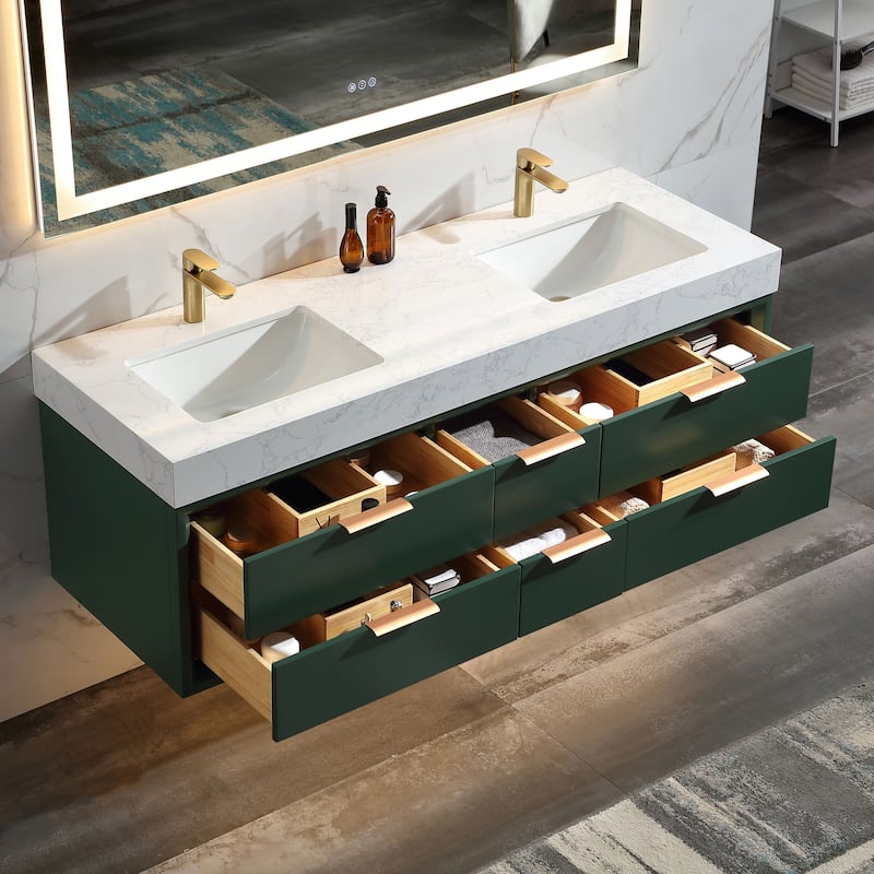 Modern LED 36''/48''/60'' White / Green Bathroom Vanity with Undermount Single / Double Sink - 60''+ 2 Sink - Green
