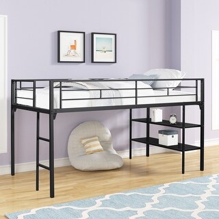 Twin Size Steel Low Loft Bed with Storage Shelves and Ladder