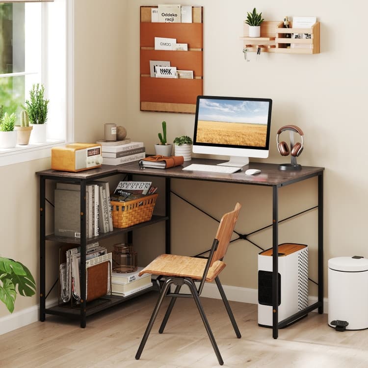 L-Shaped Engineered Wood Corner Desk with Charging Ports and Shelves