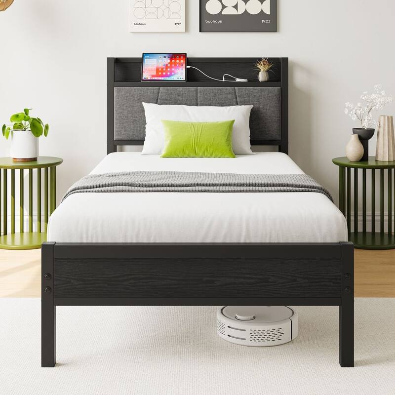 Twin Size Bed Frame, Storage Headboard with Charging Station, Solid and Stable, Noise Free