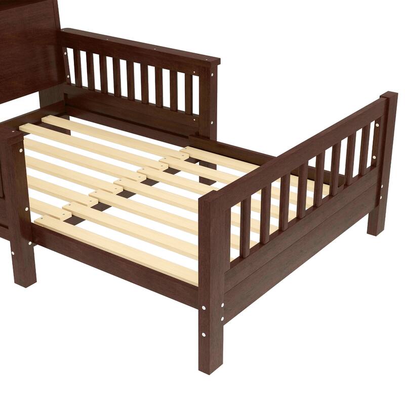 Espresso Twin Platform Bed with Pull-Out Storage Headboard & Safety Rails!