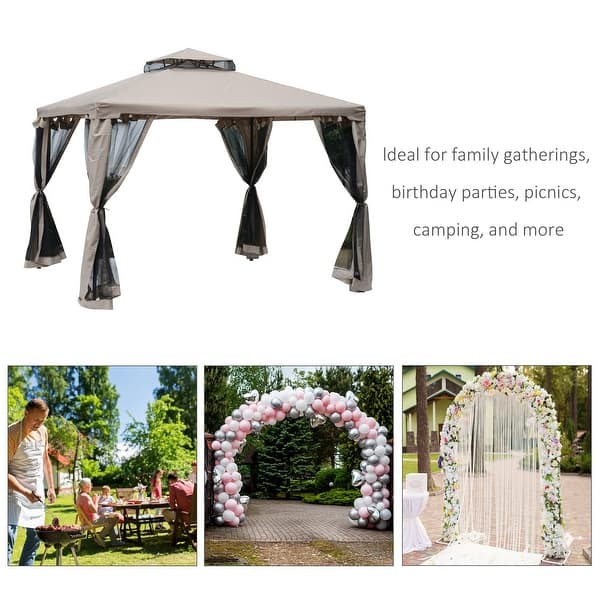 Outsunny 9.5' x 9.5' Patio Gazebo Outdoor Pavilion 2 Tire Roof Canopy Shelter Garden Event Party Tent Yard Sun Shade Steel Frame