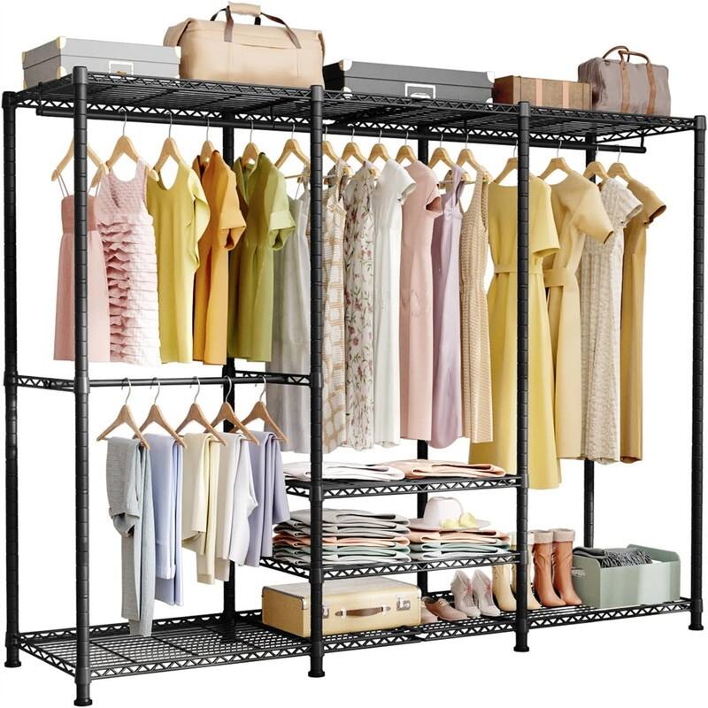 4 Tiers Freestanding Closet Organizer - 14.5"D x 67.9"W x 77.1"H - Black - 14.5"D x 67.9"W x 77.1"H