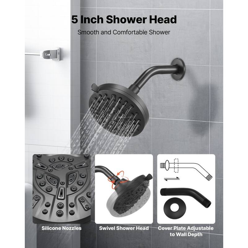 Matte Black ABS Stainless Steel Tub and Shower Faucet Set with 8-Mode Shower Head - 5 x 3.58 in