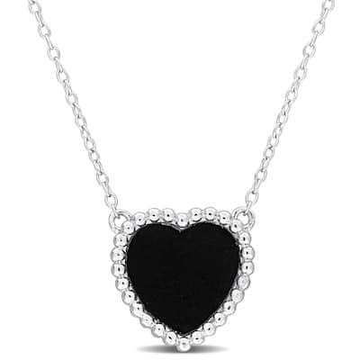 Miadora 5ct TGW Heart Shape Black Agate Necklace Beaded Halo Sterling Silver