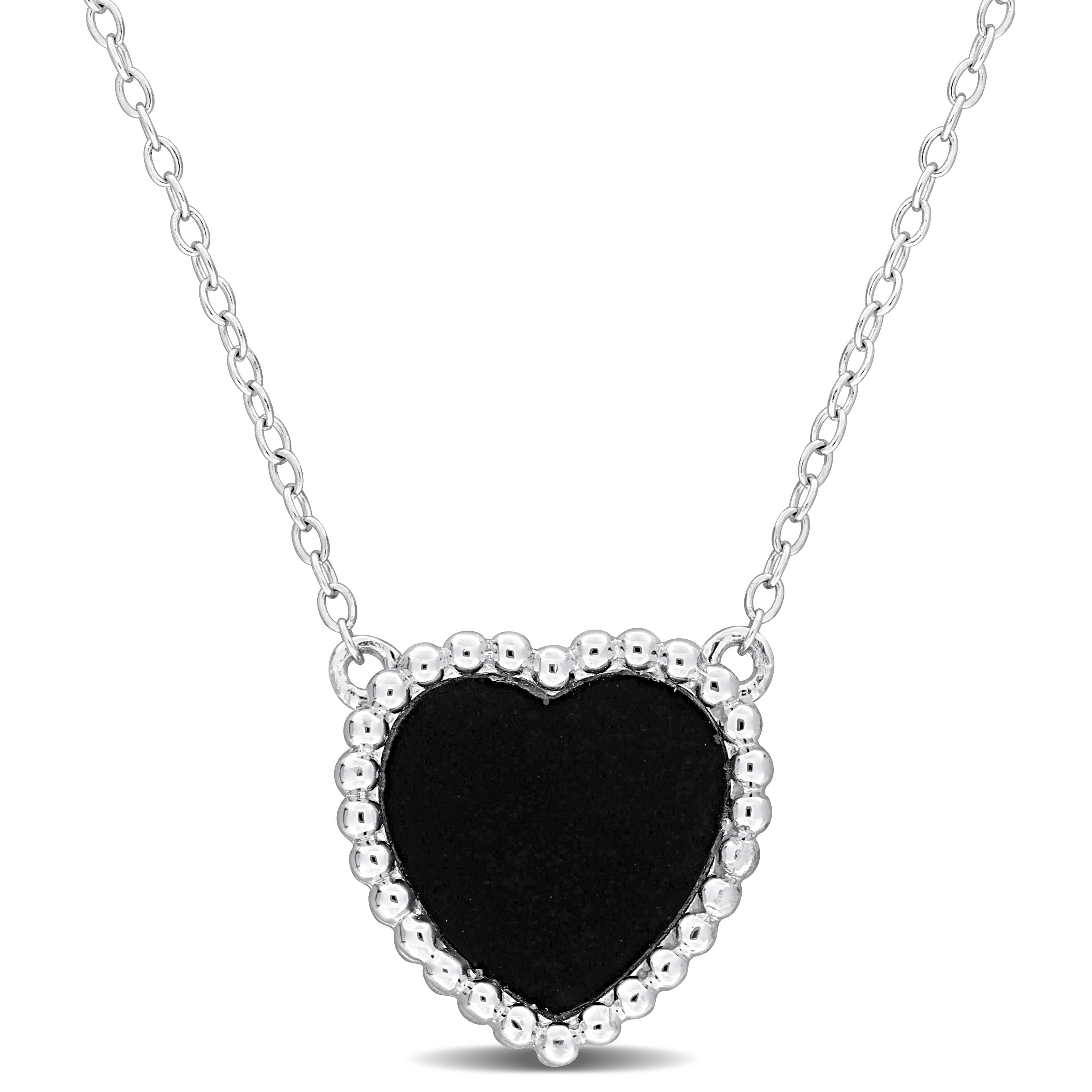 Miadora 5ct TGW Heart Shape Black Agate Necklace Beaded Halo Sterling Silver