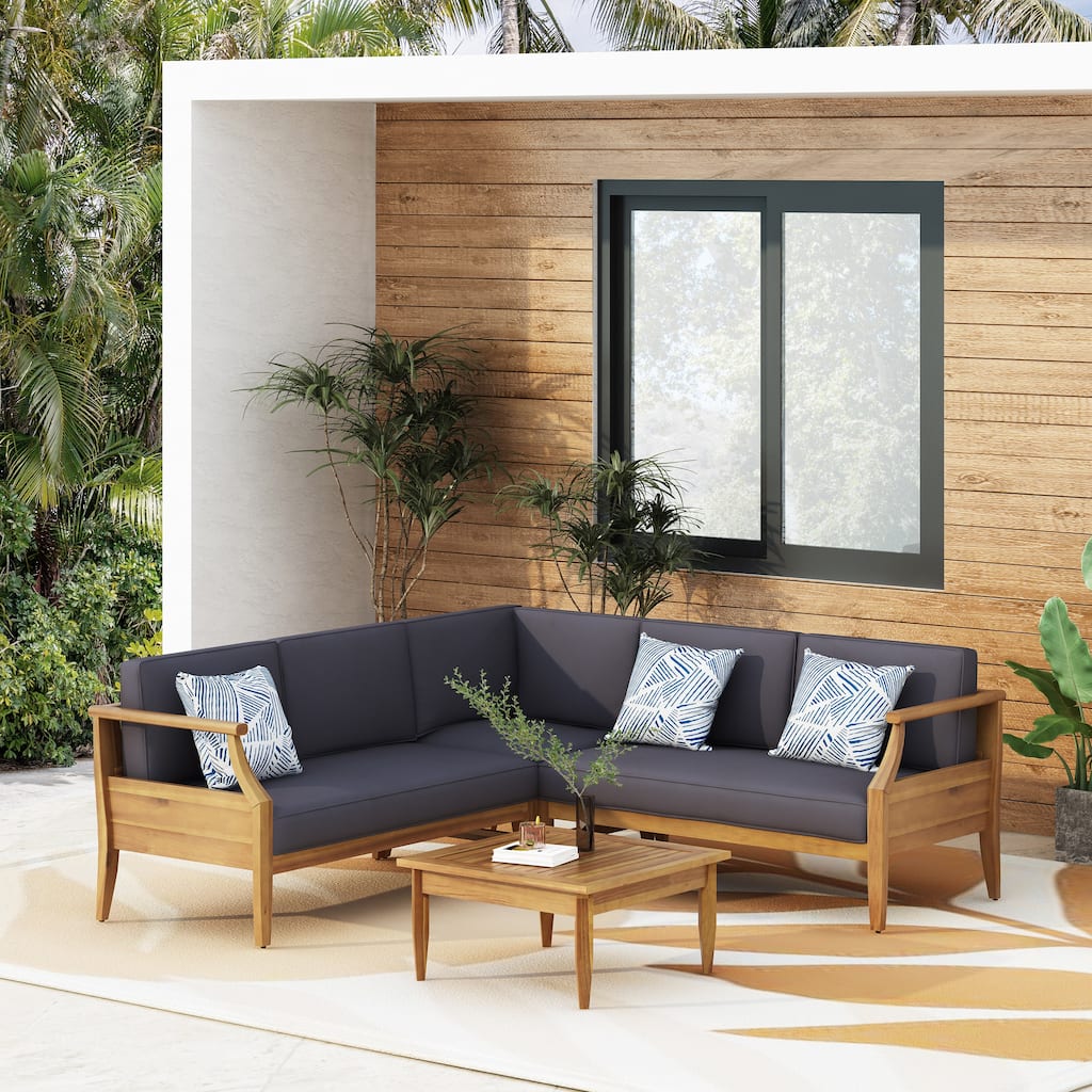 Aston Outdoor Acacia Wood Chat Set with Cushions by Christopher Knight Home
