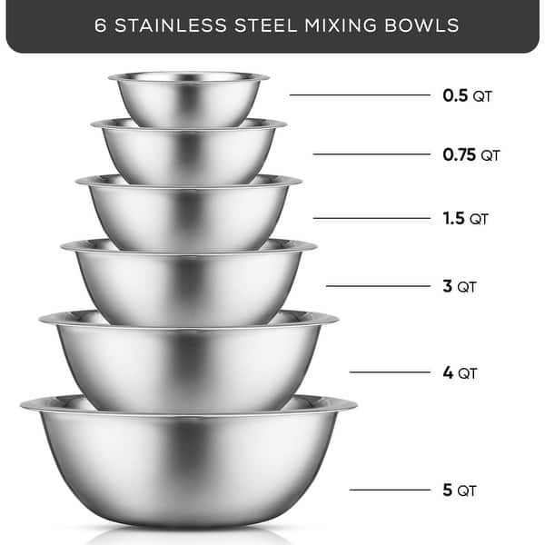 dimension image slide 1 of 4, JoyJolt Stainless Steel Food Kitchen Mixing Bowl - Set of 6 - .5QT .75QT 1.5 QT 3QT 4QT 5QT