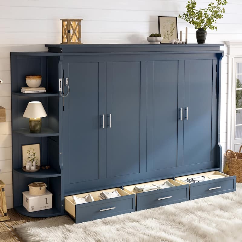 Murphy Platform Bed with Side Cabinets & Drawers, Wall Bed with Shelf for Home Office, Queen or Full