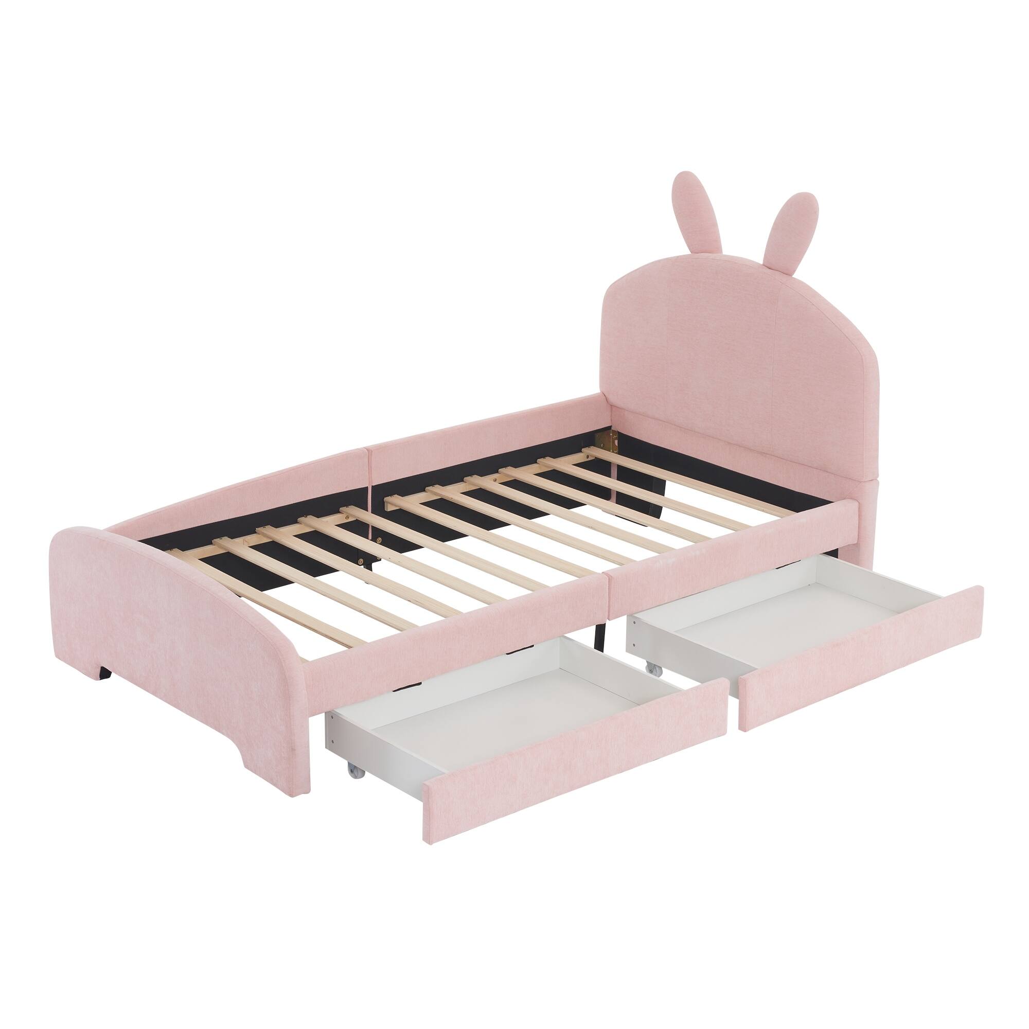 Pink Twin Size Upholstered Platform Bed w/ Cartoon Ears Shaped ...