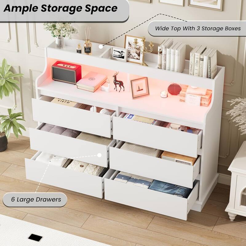 6-Drawer Dresser w/ LED Lights & Charging Station, Wide Storage Cabinet