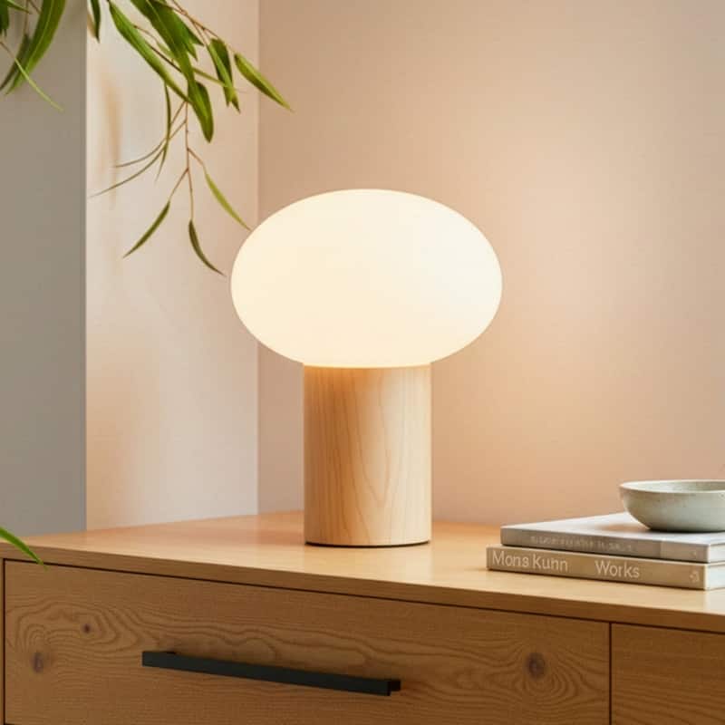 Brightech Ivy LED Glossy Wood Midcentury Round Globe Dimmable Bedside Nightstand Desk Lamp