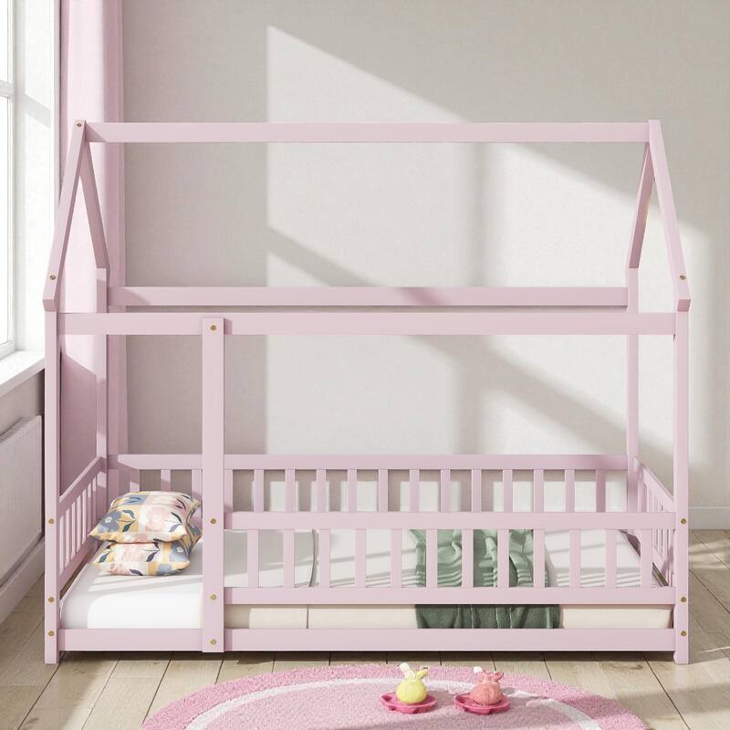 Twin Size Wooden House Floor Bed with Roof Frame and Safety Guardrails, Solid Rubber Wood Montessori Bed for Kids