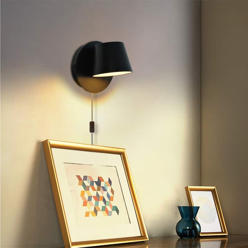 Modern Wall Lamp Plug in Cord Round Rotatable Black /White Wall Sconce LED Lighting Mounted Fixture for Bedroom Living Room