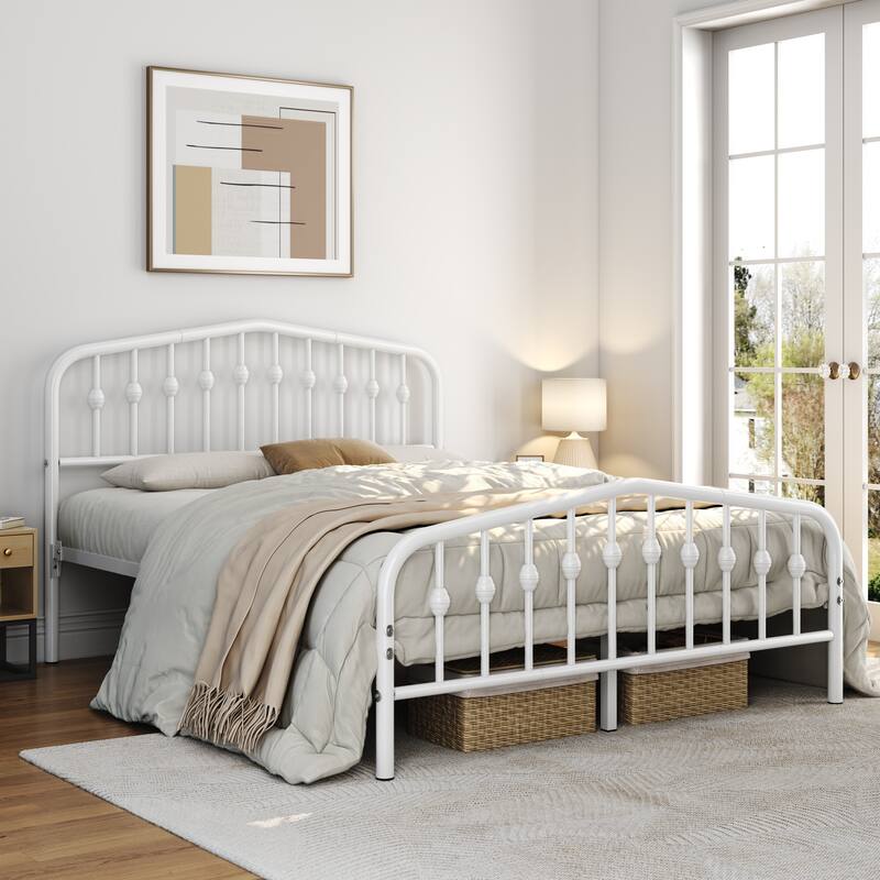 Yaheetech Bed Frame with Arched Headboard Modern Metal Bed Frame with Heavy Duty Slat Support - White - Queen