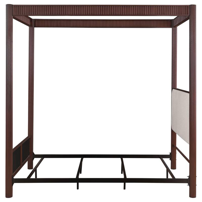 Zemy Queen Canopy Bed with 4 Posts, Beige Upholstery, Brown Metal