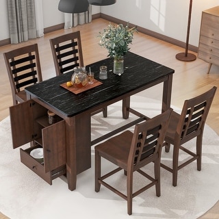 Wood Counter Height Dining Table Set with Storage Cabinet, Drawer, 4 ...