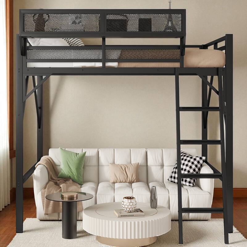 Full Size Metal Loft Bed with Ladder & Upper Storage Shelf, 55 in Clearance, Guardrails, 300 lb Capacity - Black - Full