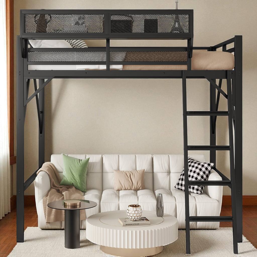 Full Size Metal Loft Bed with Ladder & Upper Storage Shelf, 55 in Clearance, Guardrails, 300 lb Capacity