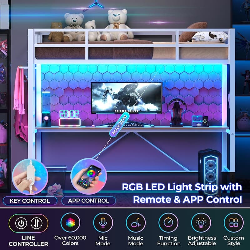 Loft Bed with Desk Gaming Bunk Bed LED Lights Charging Station